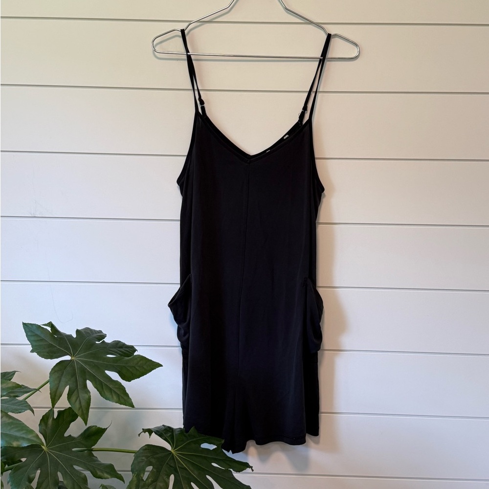 Black V Neck Sleeveless Romper Shorts with Pockets Comfy Casual
